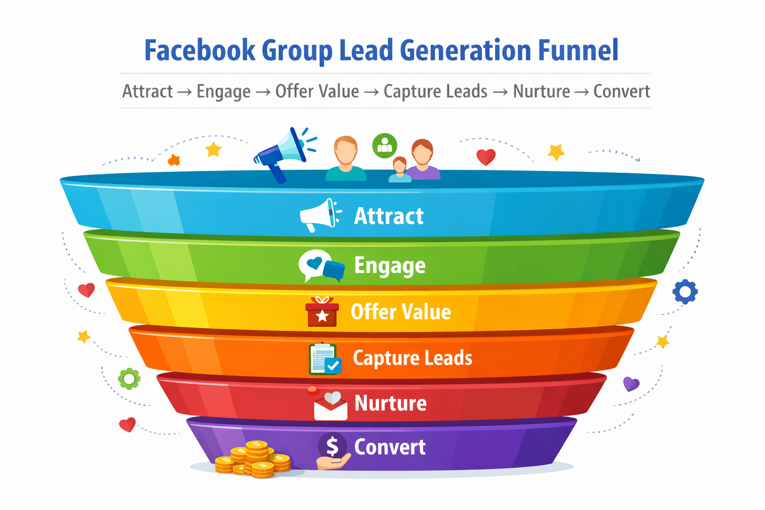 Facebook Group Lead Generation Funnel: Attract → Engage → Offer Value → Capture Leads → Nurture → Convert